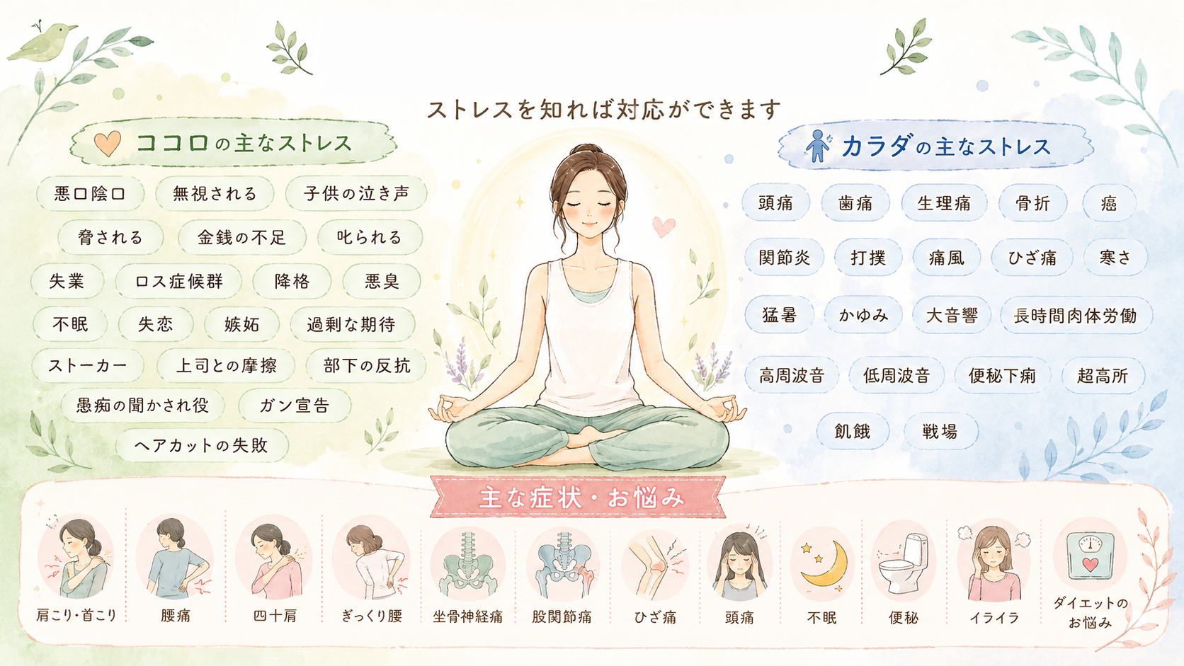 まずストレスを知りましょう。ココロとカラダの主なストレスと、主な症状・お悩みの図解
